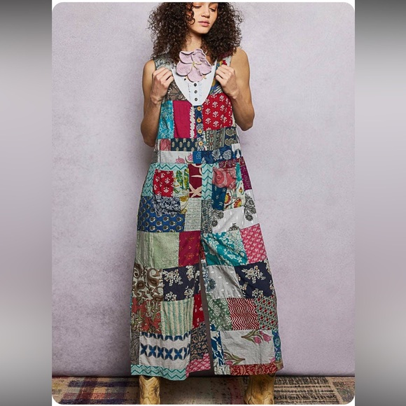 New: POL Made To Be Seen Boho Patchwork Cotton Front Pockets Wide Leg Jumper - Picture 4 of 8